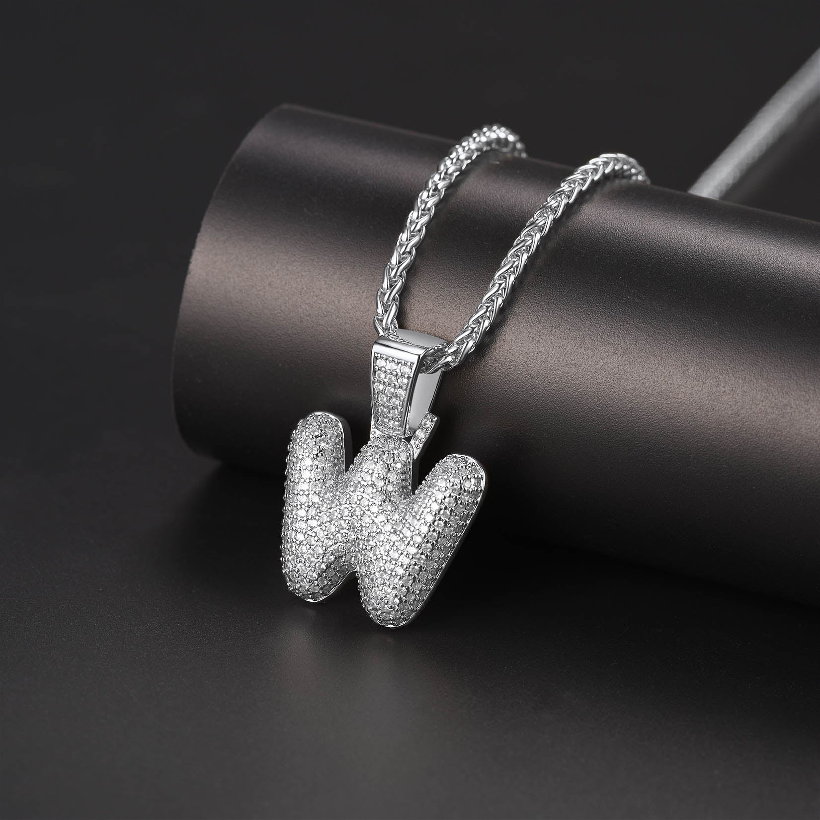  CZ Bubble Letter Initial Necklace for Men Women
