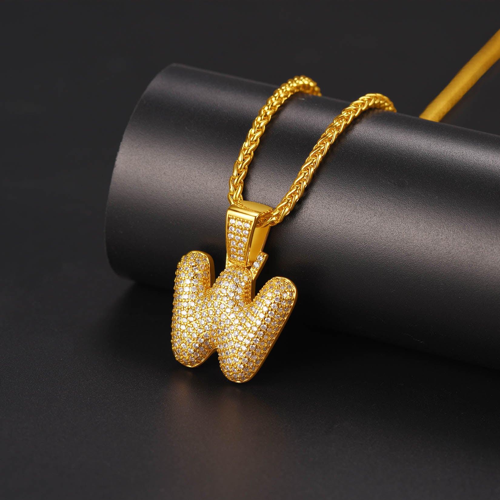  CZ Bubble Letter Initial Necklace for Men Women