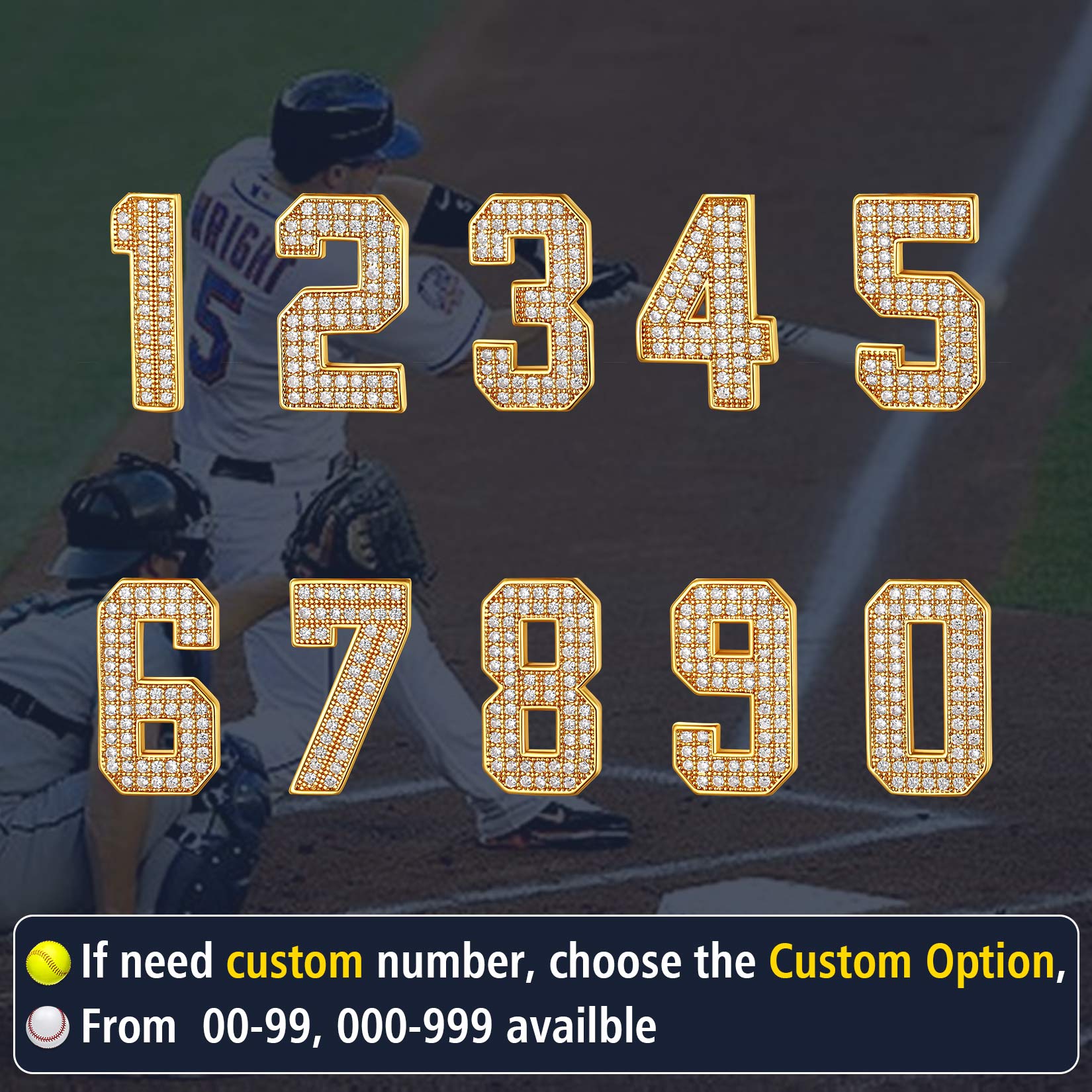 Gold diamond-encrusted numbers on a sports field background