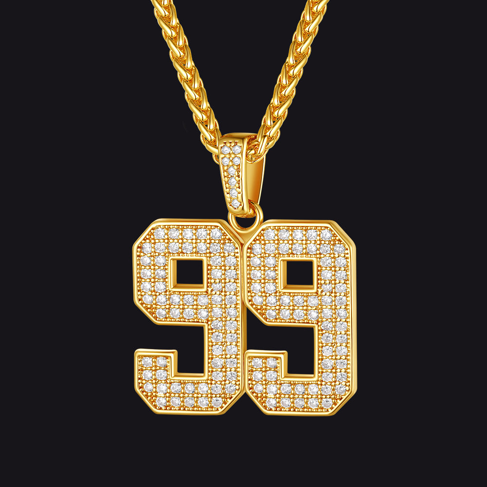 Gold Cubic Zirconia Custom Number Necklace with a '99' pendant on a black background