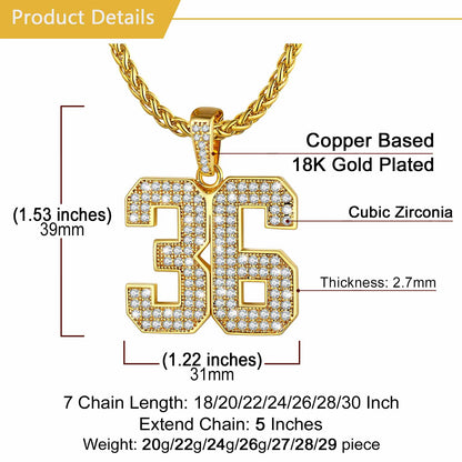 Gold necklace with number '36' pendant, labeled with specifications.