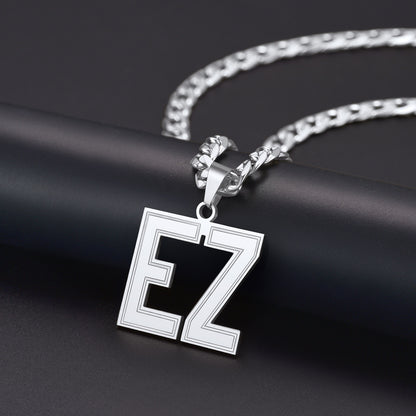 Silver necklace with a Initial Letter Necklace featuring the letters 'EZ' on a dark background