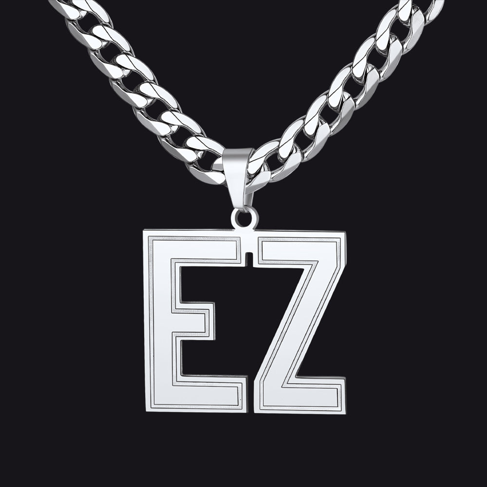 Silver Initial Letter Necklace with a pendant featuring the letters 'EZ' on a black background