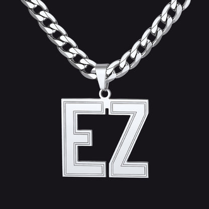 Silver Initial Letter Necklace with a pendant featuring the letters 'EZ' on a black background