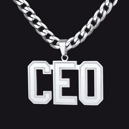Silver 'CEO' necklace on a black background