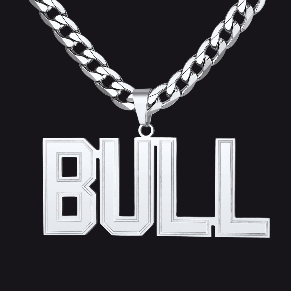 Silver Initial Letter Necklace with 'BULL' pendant on a black background