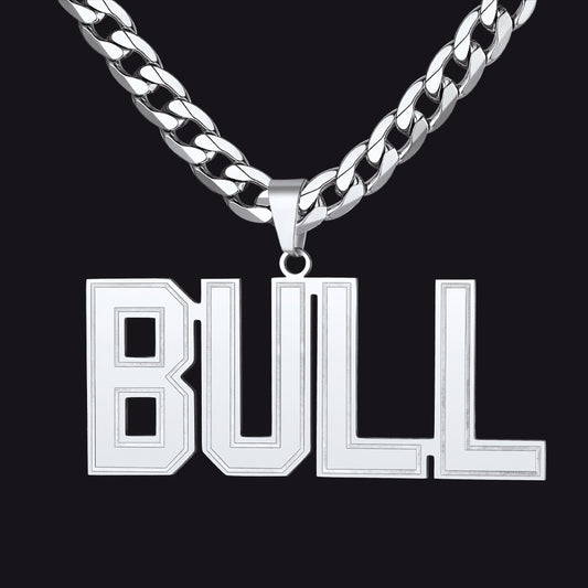 Silver Initial Letter Necklace with 'BULL' pendant on a black backgroundimg