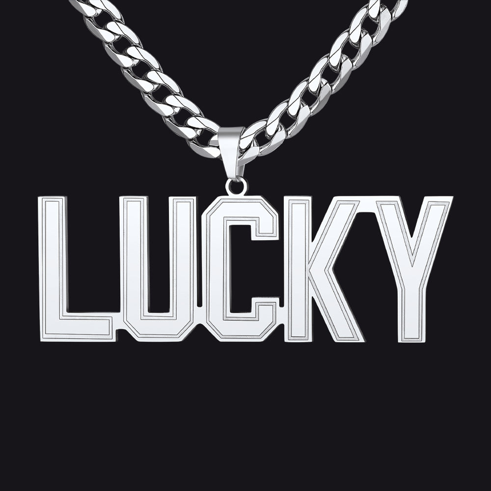 Silver 'LUCKY' Initial Letter Necklace pendant on a black background