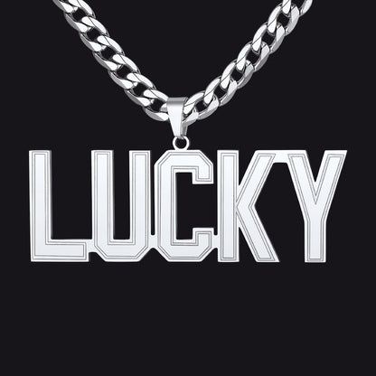 Silver 'LUCKY' Initial Letter Necklace pendant on a black background