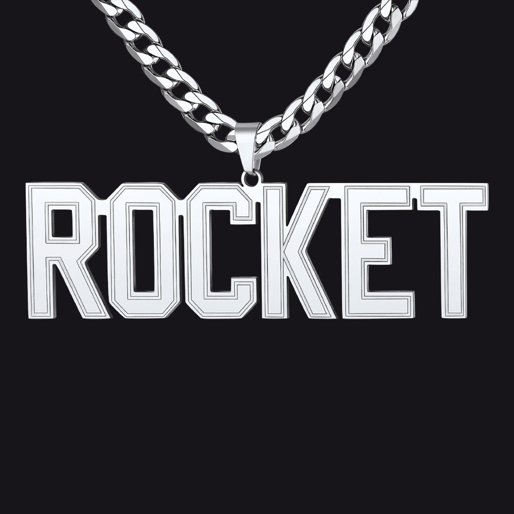Silver Initial Letter Necklace with 'ROCKET' pendant on a black background