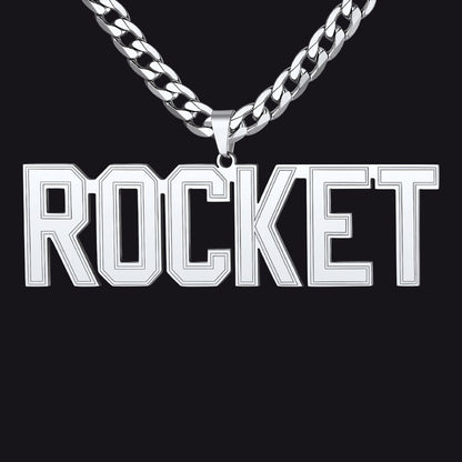 Silver Initial Letter Necklace with 'ROCKET' pendant on a black background