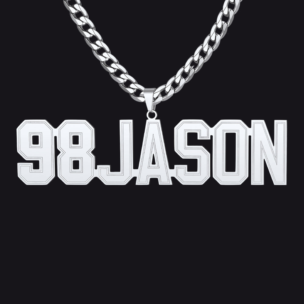 Silver Initial Letter Necklace with '98 JASON' pendant on a black background