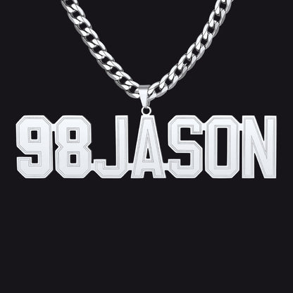 Silver Initial Letter Necklace with '98 JASON' pendant on a black background