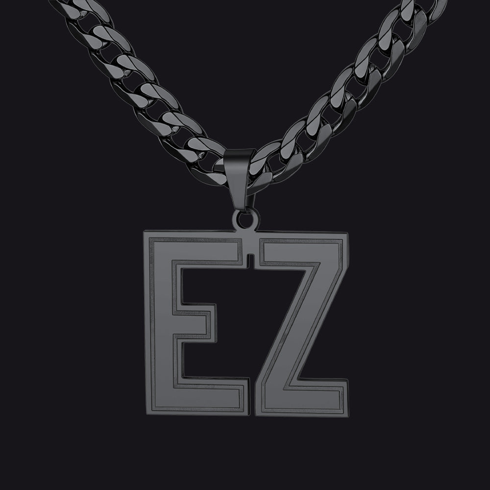Black chain Initial Letter Necklace with 'EZ' pendant on a black background
