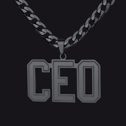 Black 'CEO' Initial Letter Necklace on a black background