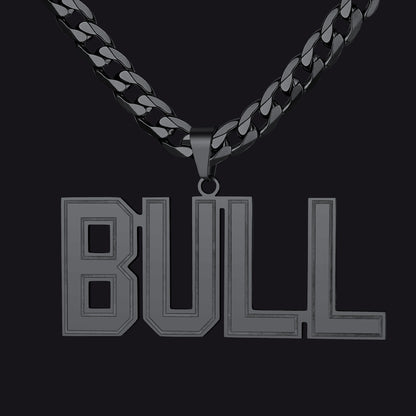 Black chain Initial Letter Necklace with 'BULL' pendant on a black background