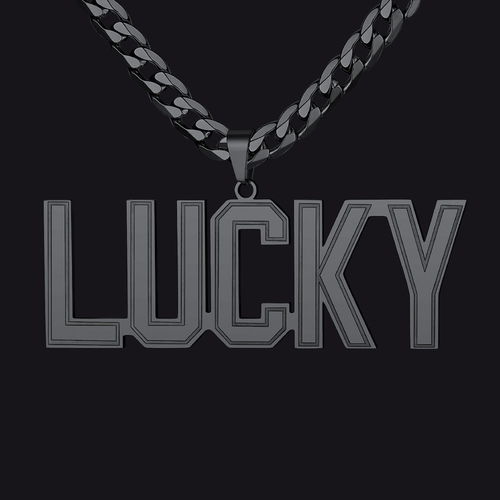 Initial Letter Necklace with 'LUCKY' pendant on a black background