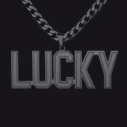 Initial Letter Necklace with 'LUCKY' pendant on a black background