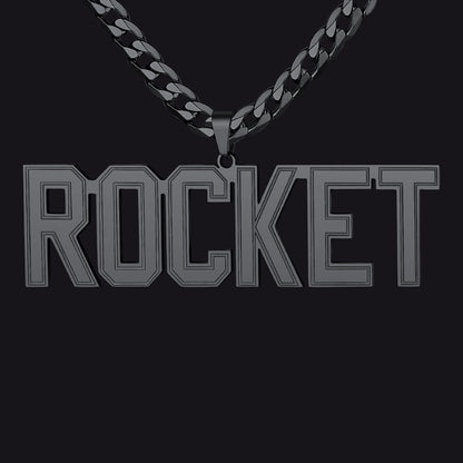 Initial Letter Necklace with 'ROCKET' pendant on a black background