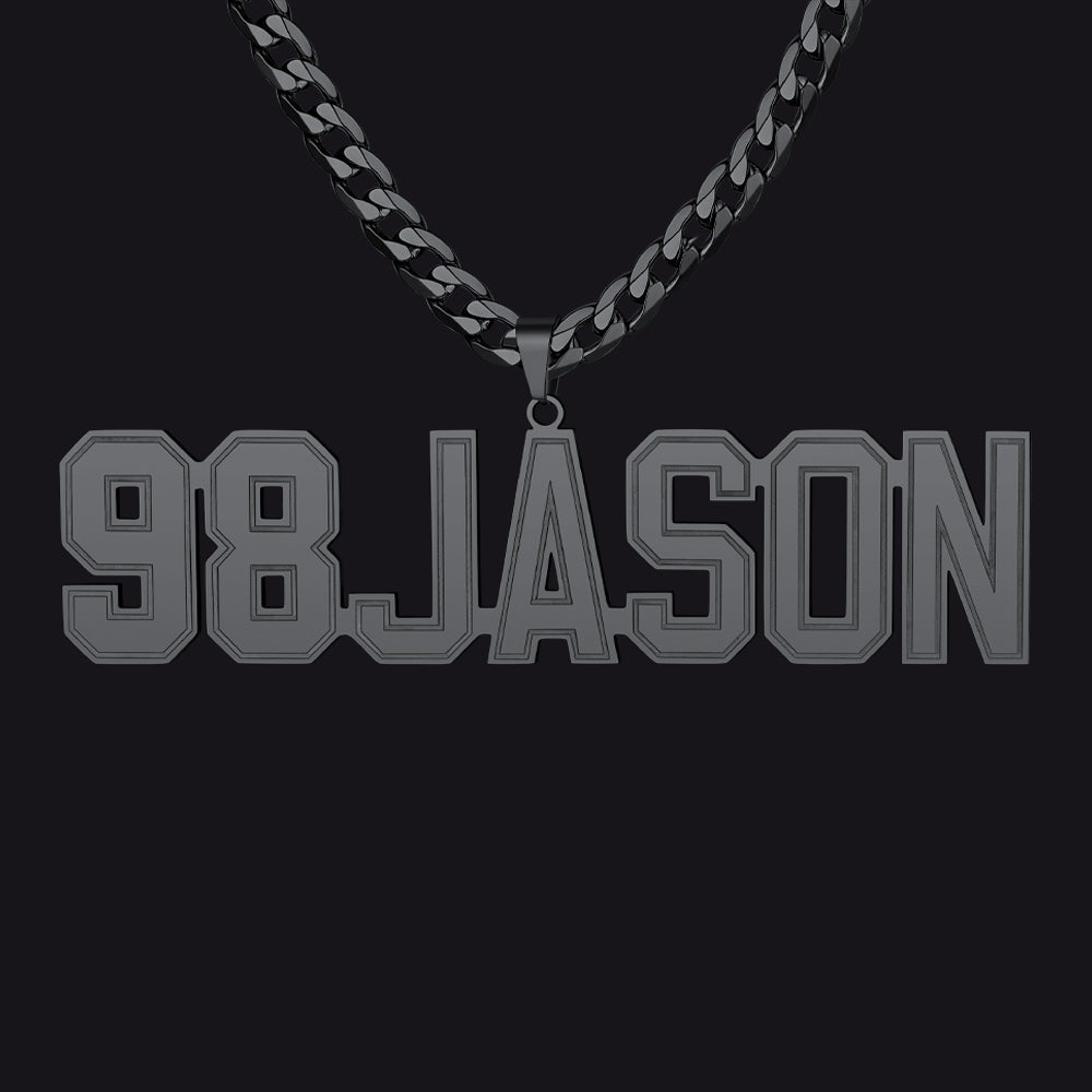Initial Letter Necklace with '98 JASON' pendant on a black background