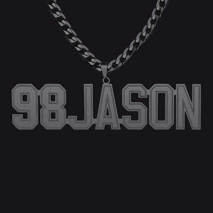 Initial Letter Necklace with '98 JASON' pendant on a black background