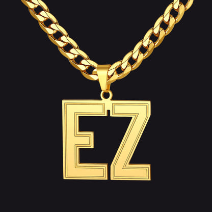 Gold Initial Letter Necklace with a 'EZ' pendant on a black background