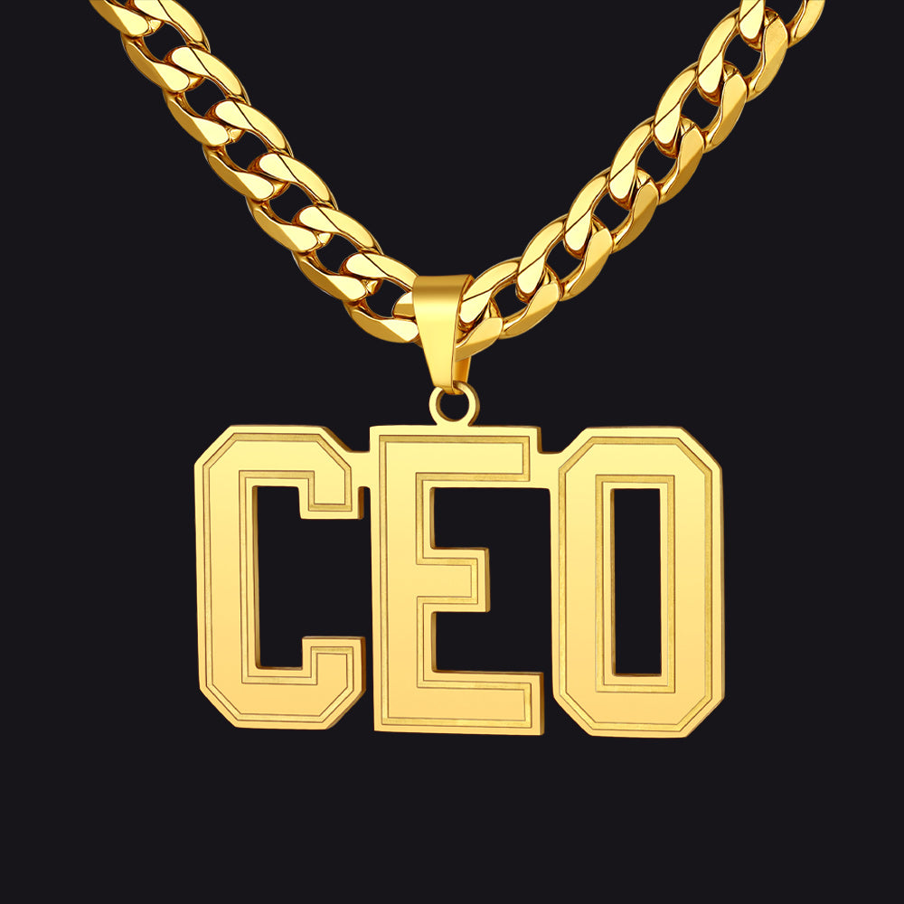 Gold 'CEO' Initial Letter Necklace on a black background