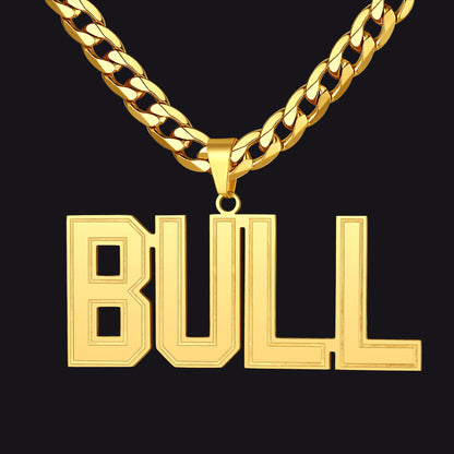 Gold chain Initial Letter Necklace with 'BULL' pendant on a black background