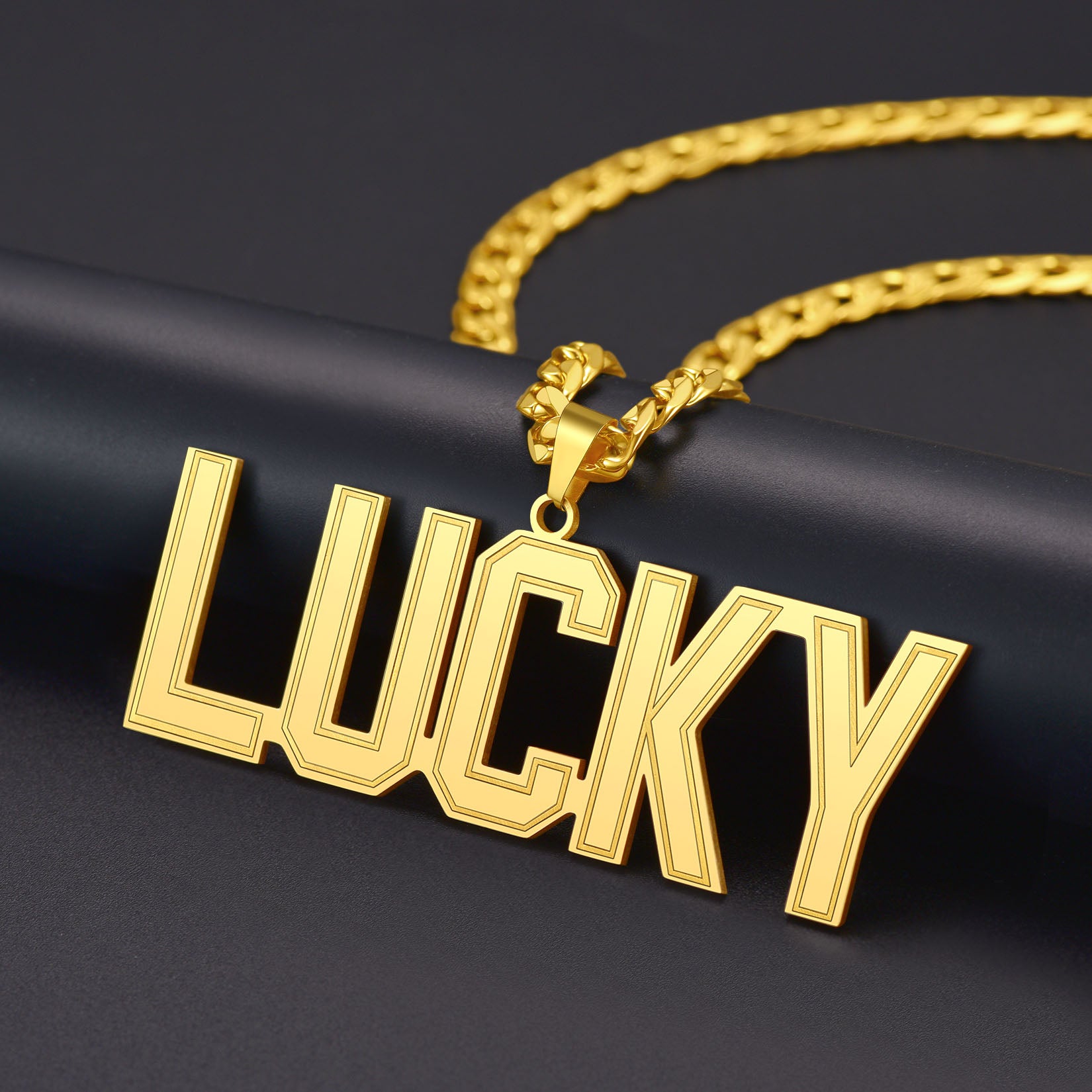 Gold Initial Letter Necklace with 'LUCKY' pendant on a black background