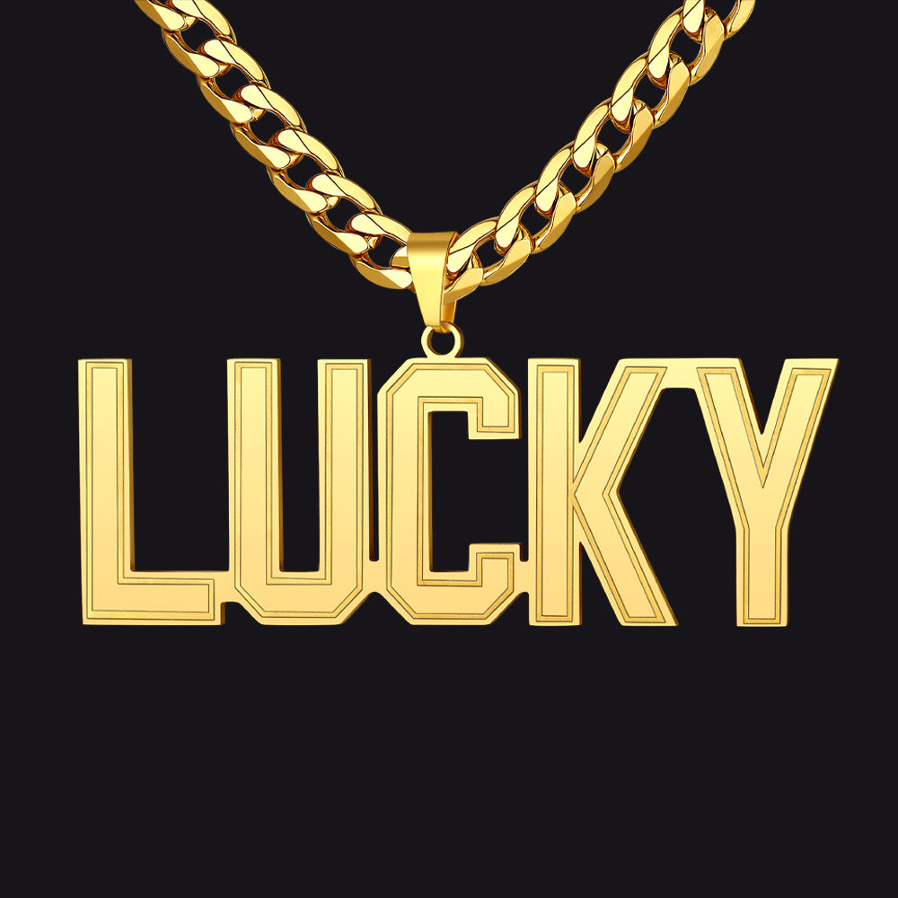 Gold Initial Letter Necklace with 'LUCKY' pendant on a black background