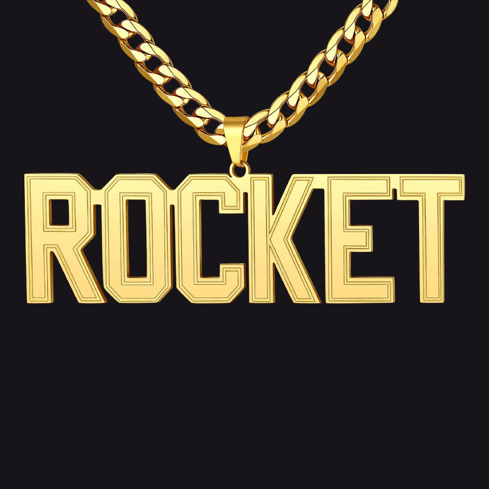 Gold Initial Letter Necklace with 'ROCKET' pendant on a black background