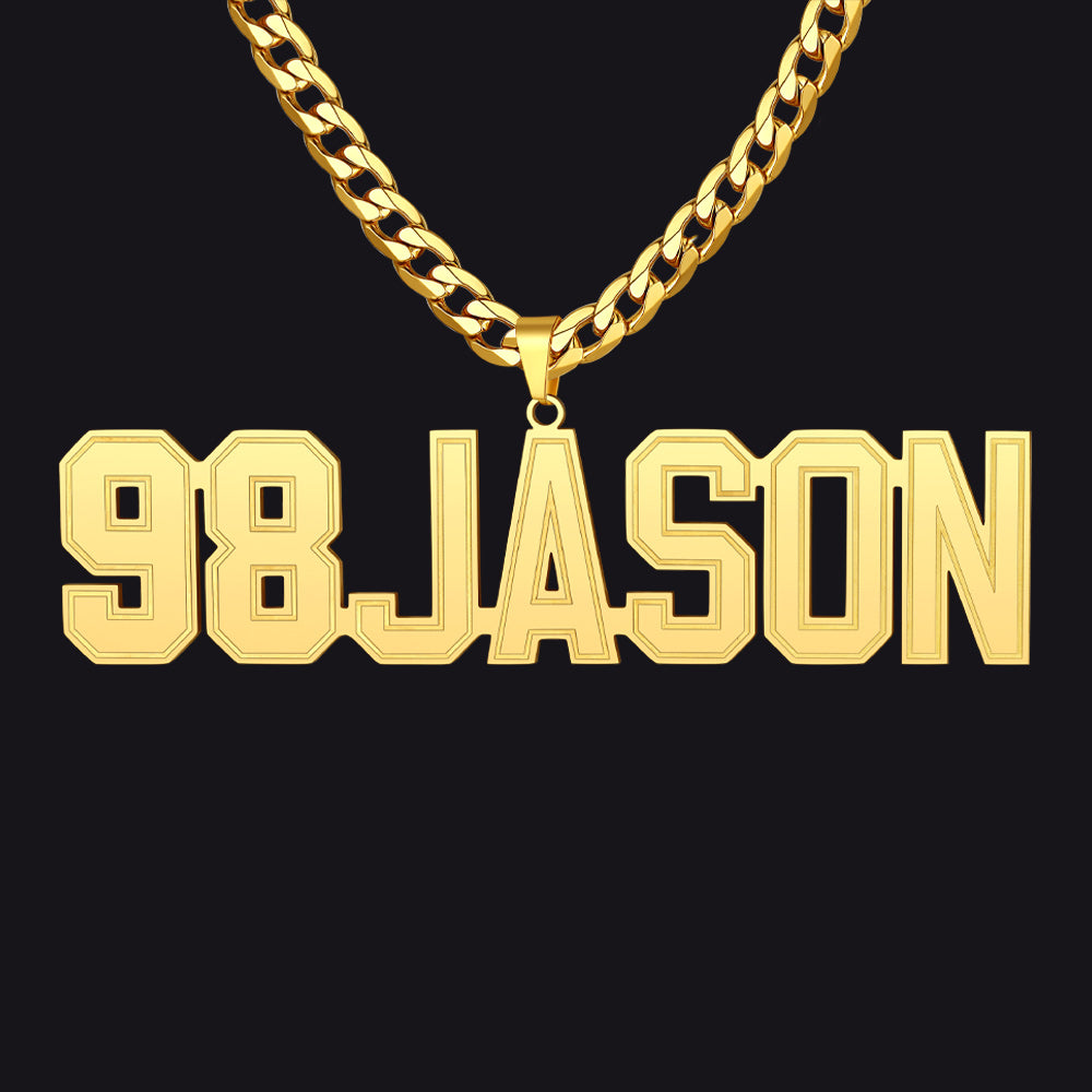 Gold Initial Letter Necklace with '98JASON' pendant on a black background