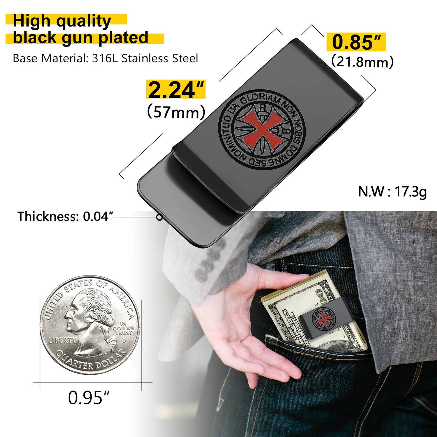 Knights Templar Cross Money Clip Credit Card Holder, Black gun plated, Stainless Steel