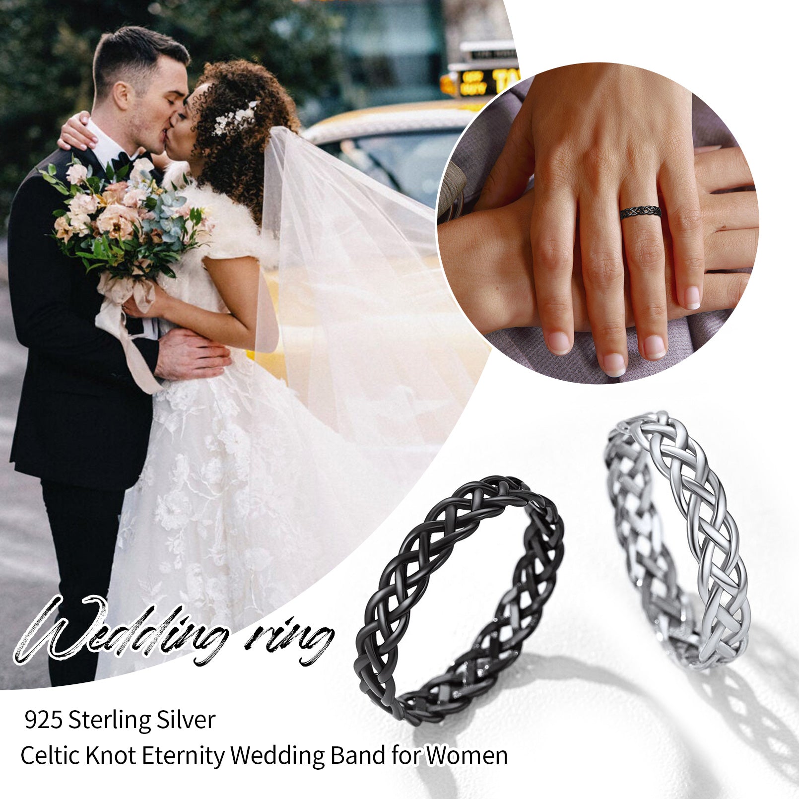 Wedding couple with a focus on Celtic knot wedding bands for women.