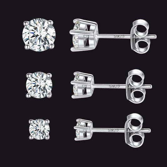 925 Sterling Silver 3 Pairs CZ Stud Earrings Set for Men,3/4/5mmimg