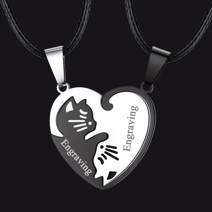 Cat Matching Puzzle Necklace for Couples Bff Heart Pendant