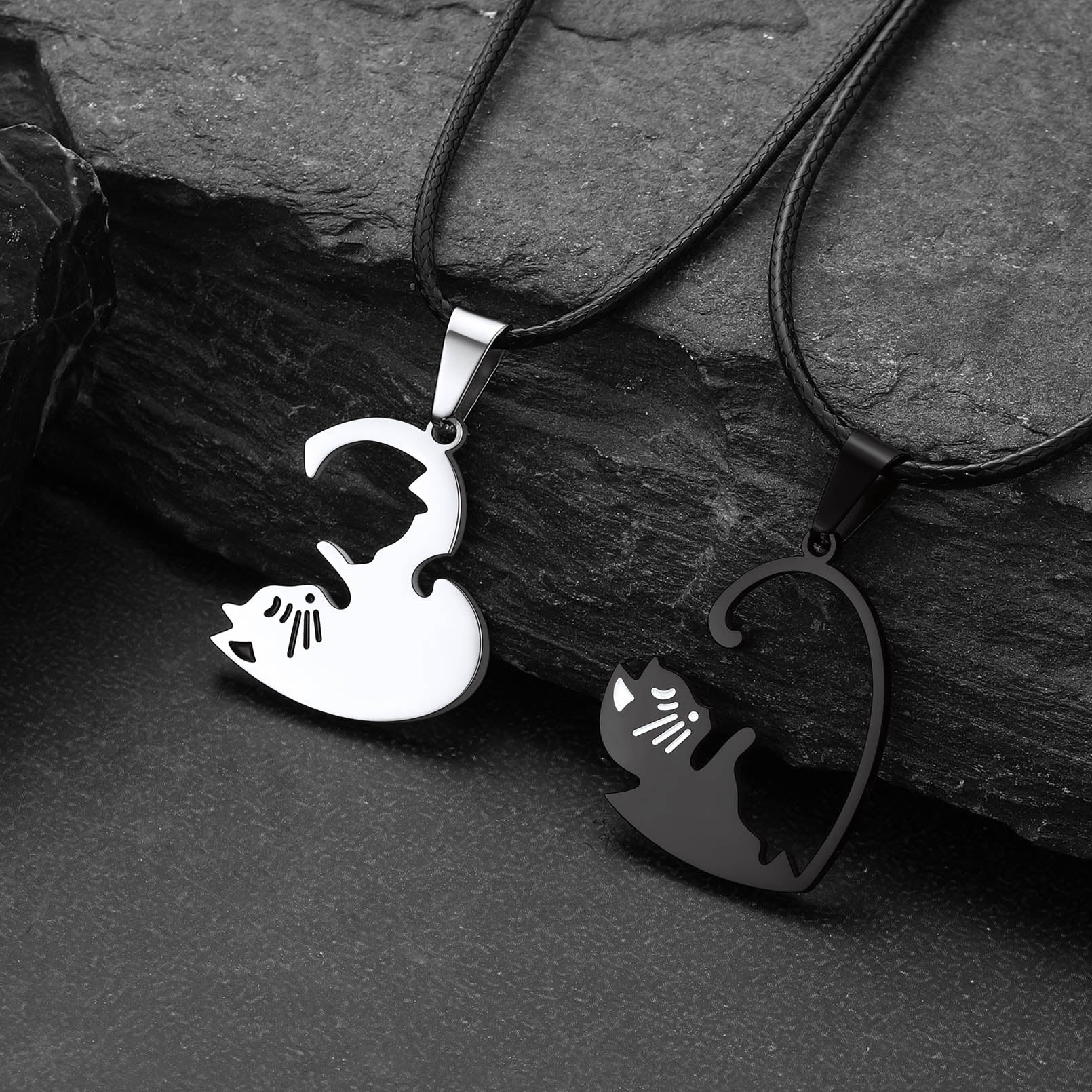 Cat Matching Puzzle Necklace for Couples Bff Heart Pendant