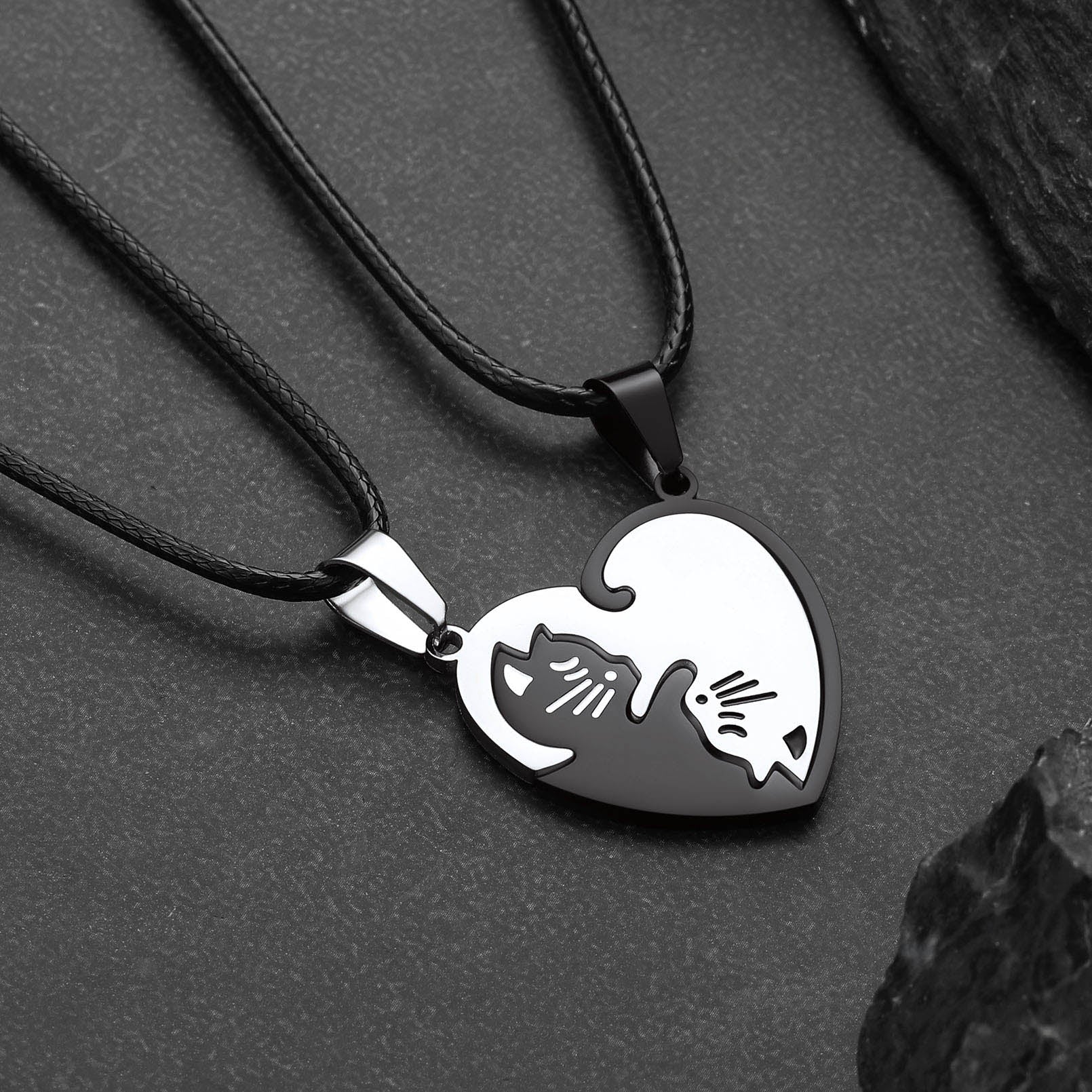 Cat Matching Puzzle Necklace for Couples Bff Heart Pendant