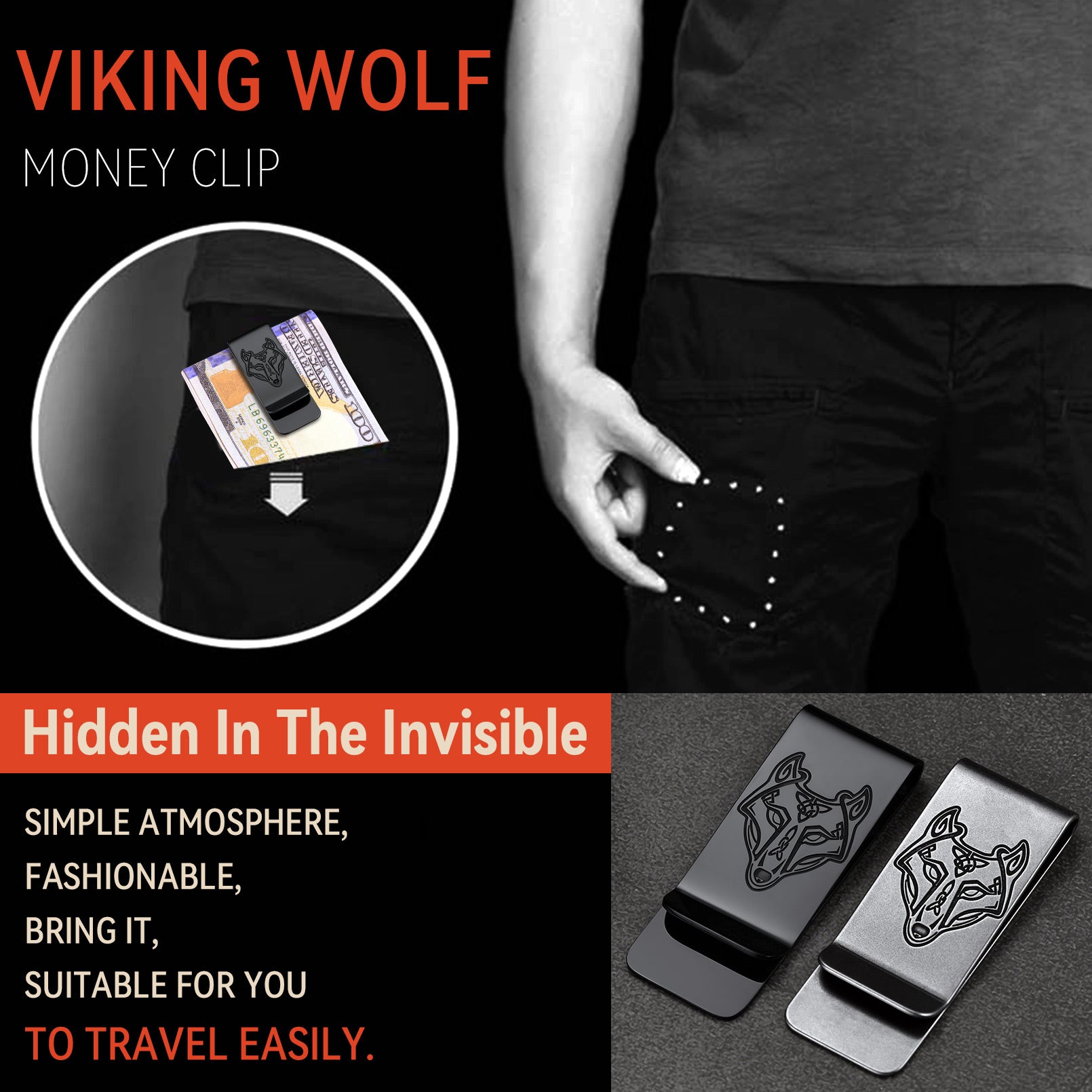 Viking Fenrir Wolf Celtic Knot MoneyClip Slim Credit Card Holder