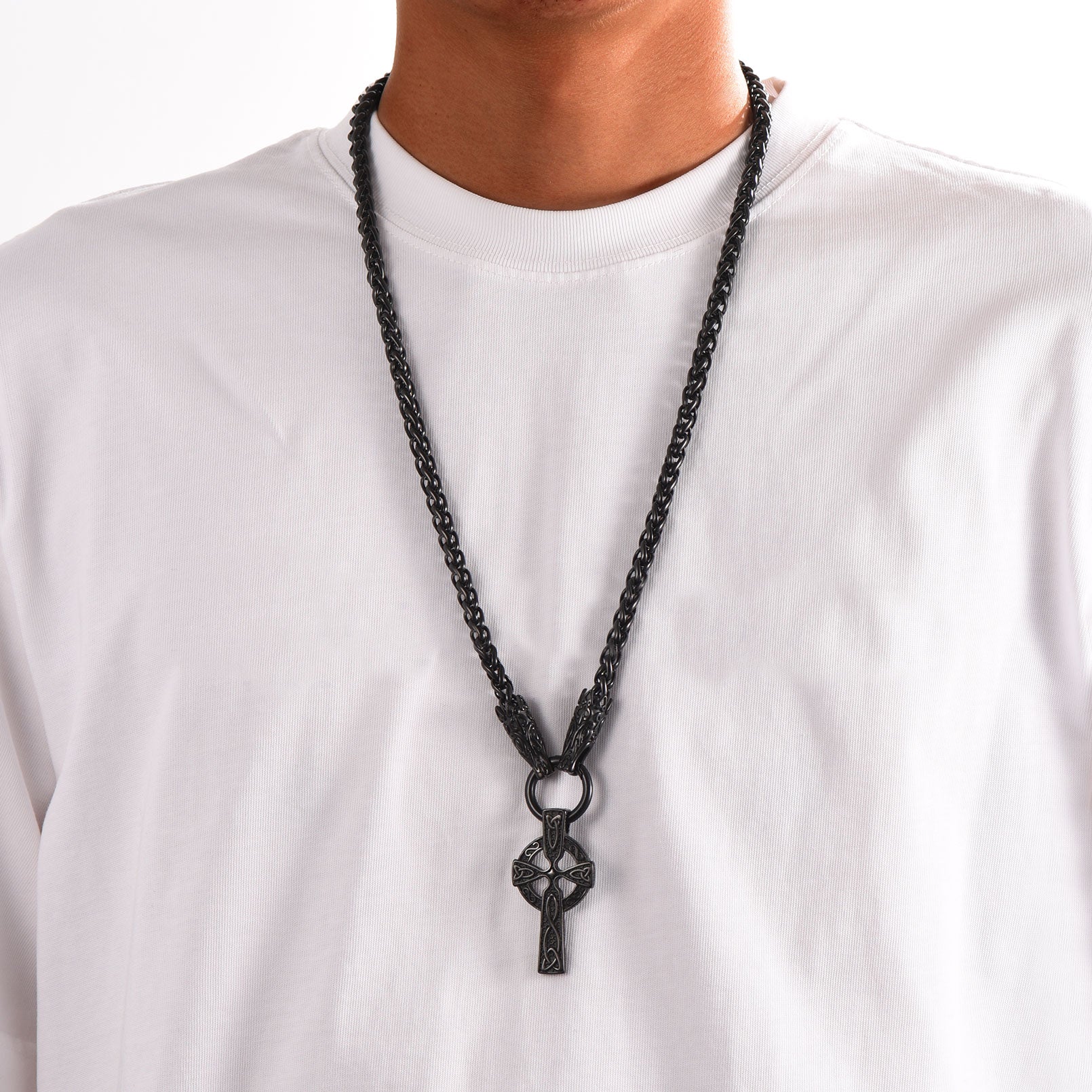 Celtic Knot Cross Necklace With Wolf Rope Chain For Men