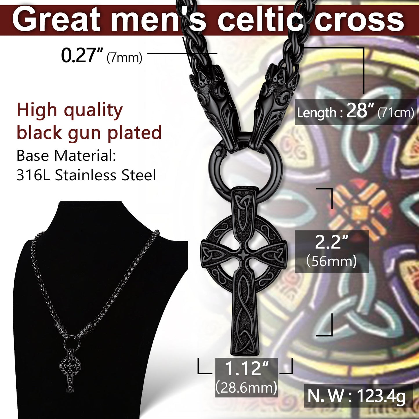 Keltische Knotenkreuz-Halskette mit Wolfsseilkette für Männer