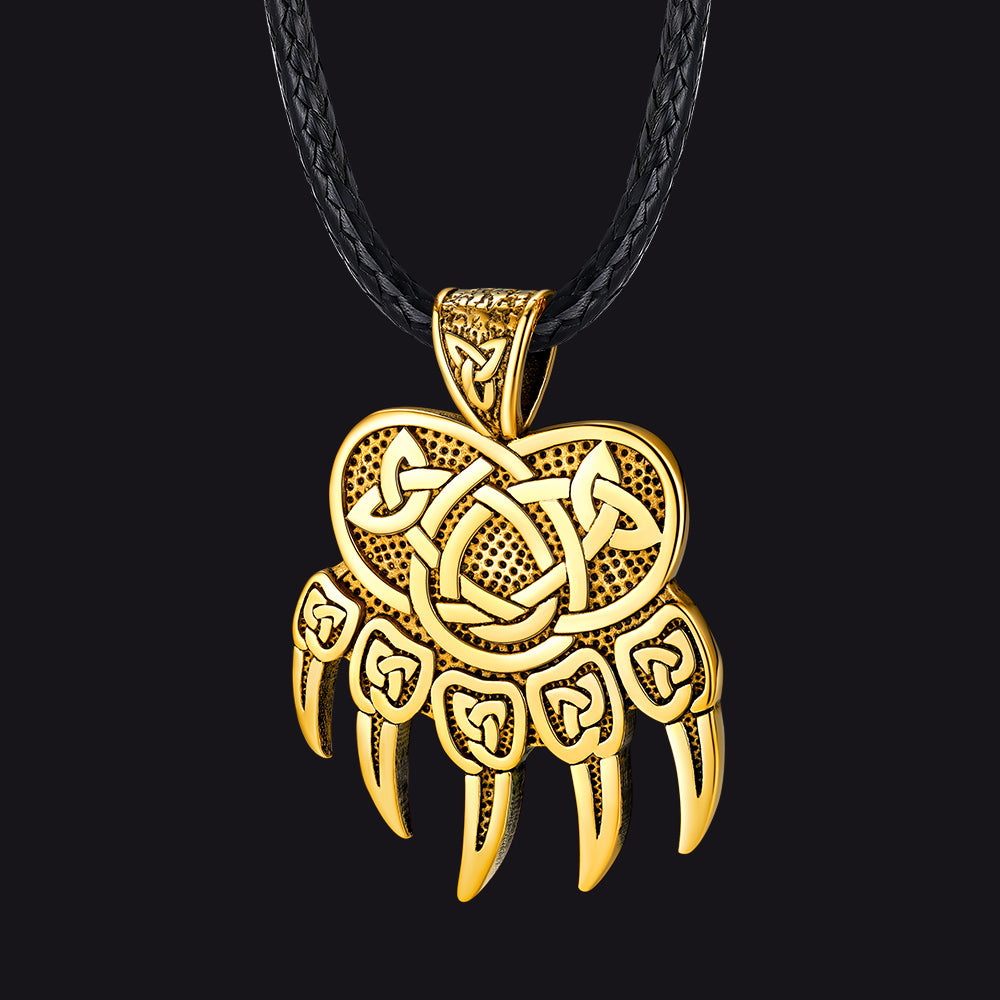 Celtic Bear Paw Braided Leather Cord Necklace for Men