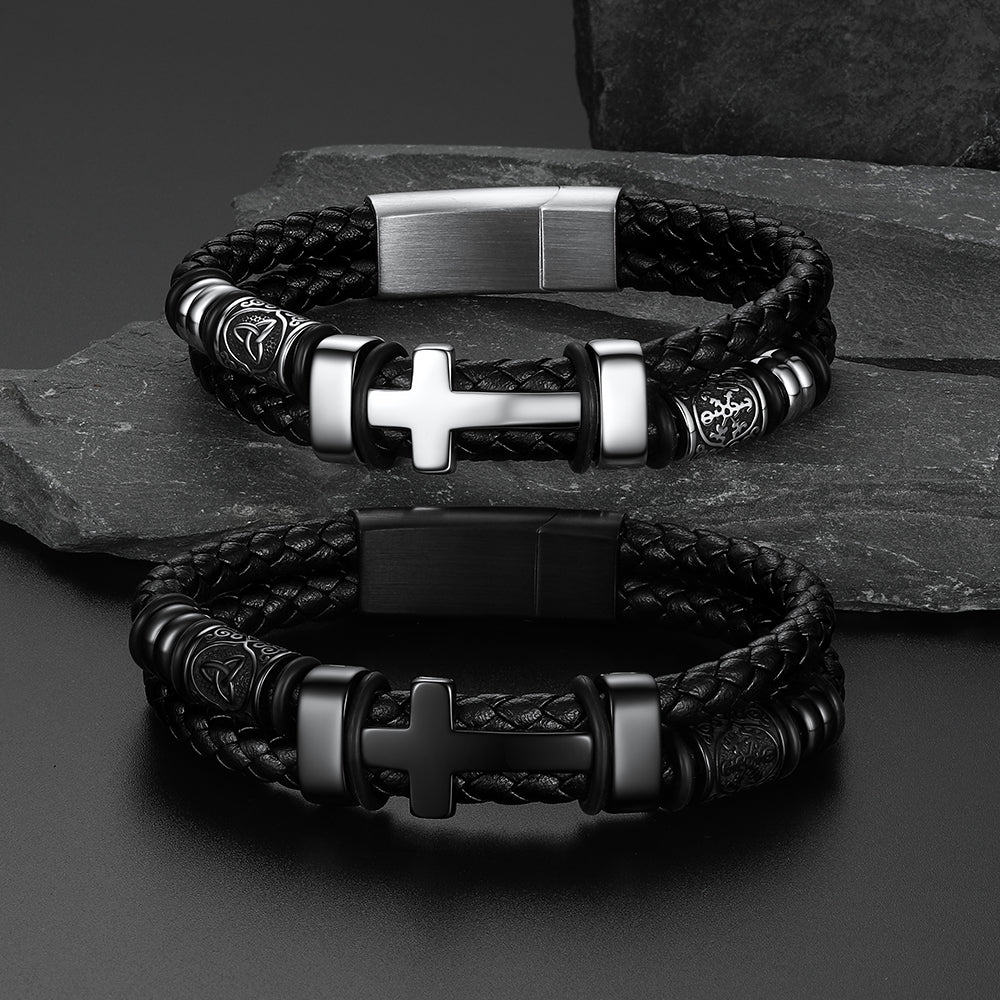 Celtic knot cross leather bracelets in black, steel color options