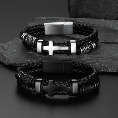 Celtic knot cross leather bracelets in black, steel color options