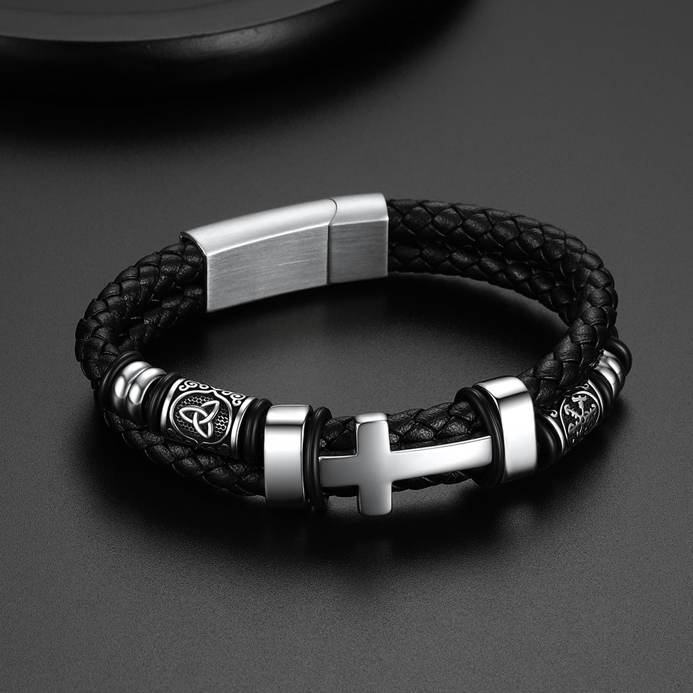 Front and side view of Celtic cross leather bracelet, detailed pendant and braided band