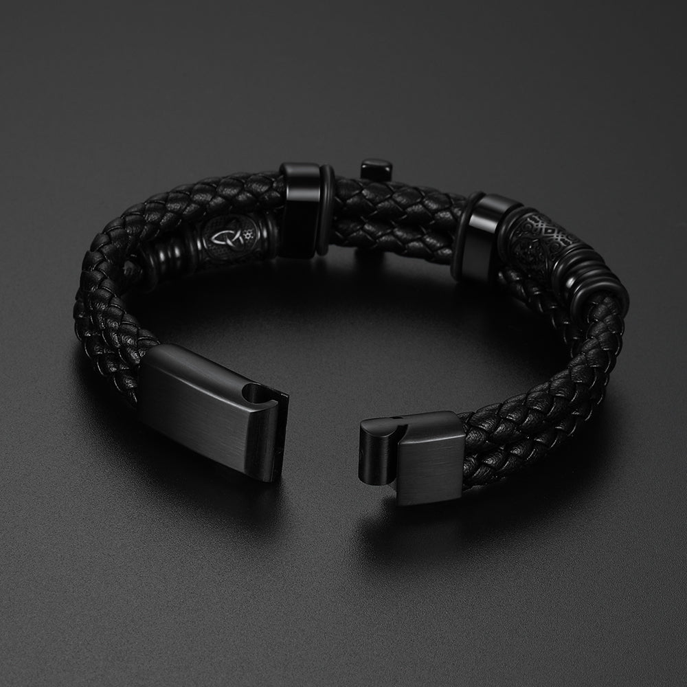 Celtic cross leather bracelet flat lay, braided wristband with Celtic knot