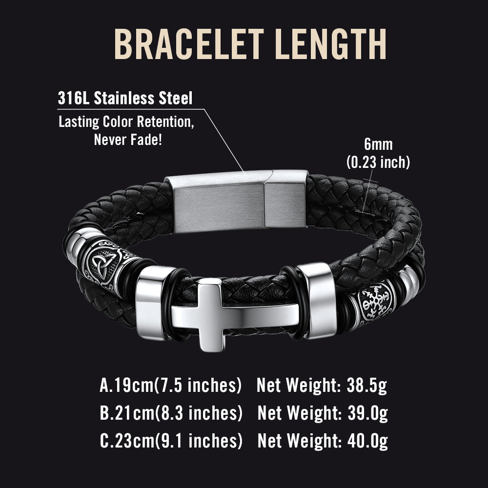 Celtic cross leather bracelet size guide with wrist measurement chart