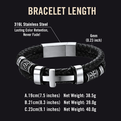 Celtic cross leather bracelet size guide with wrist measurement chart