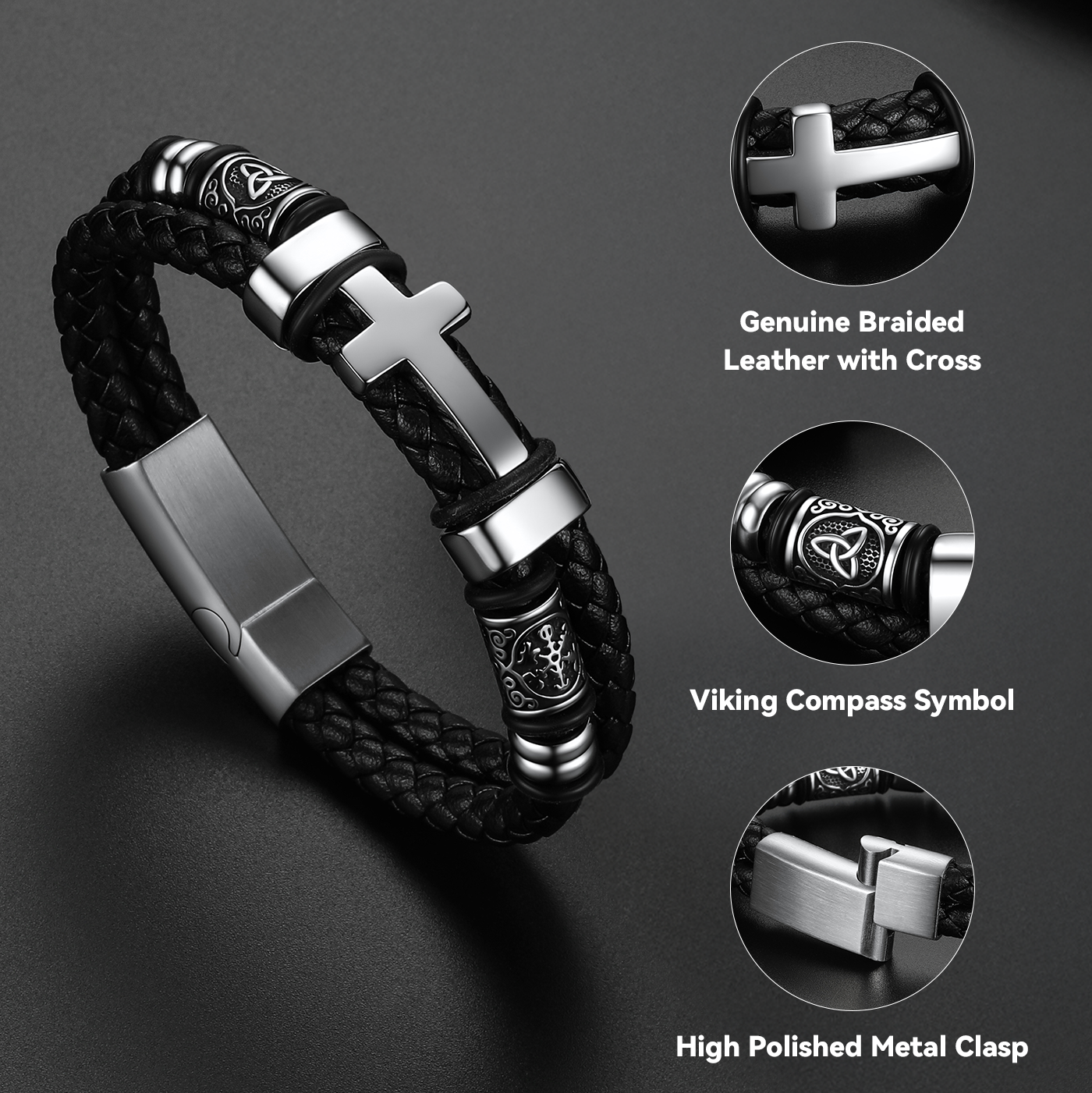 Celtic knot cross bracelet craftsmanship close-up – detailed engraving on stainless steel cross and braided leather texture
