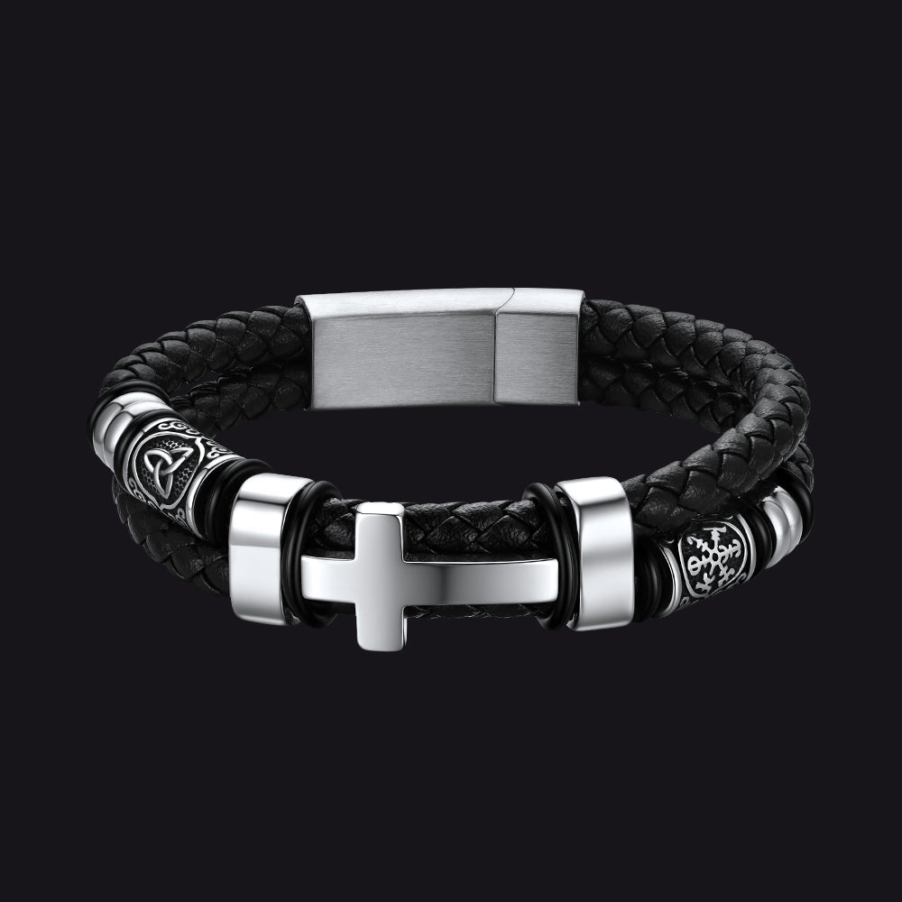 Celtic knot cross leather braided wristband bracelet for men, front view on black